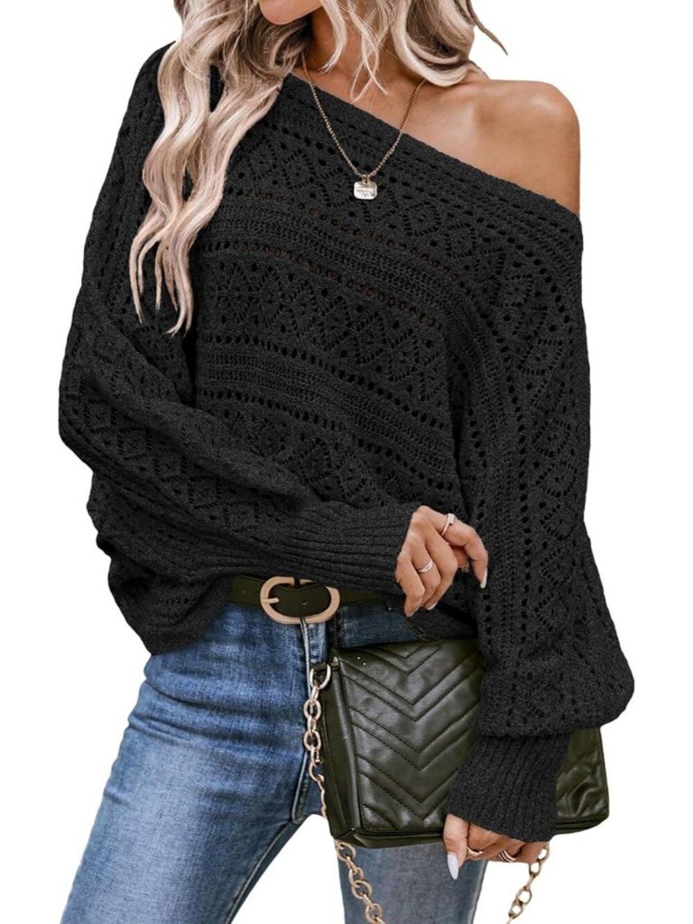 Women's Black Crochet Boat Neck Long Batwing Sleeve Loose Fashion Sweaters